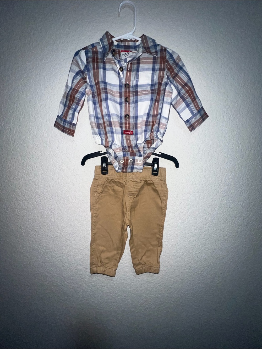 Wrangler Boys Plaid Button Bodysuit & Tan Pants Set